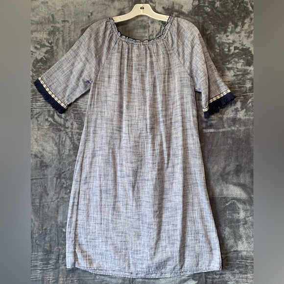 Style & Co Linen Shift Dress Blue/Gray Small Tassels Boho Knee Length - Picture 3 of 10